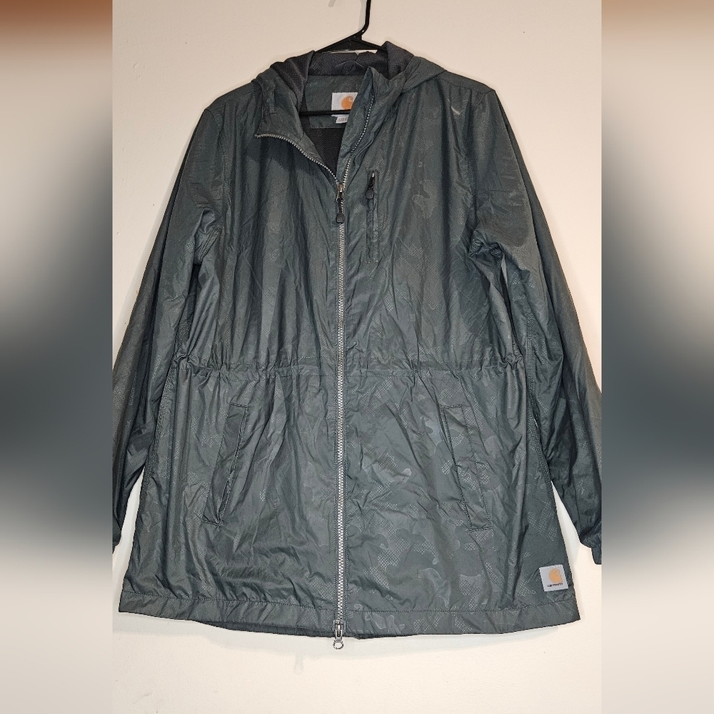 Carhartt Women’s Green Camo Windbreaker Rain Jacket Size L Hooded & Mesh Lined
